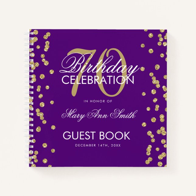 Gold 70th Birthday Guestbook Confetti Purple Notebook (Front)