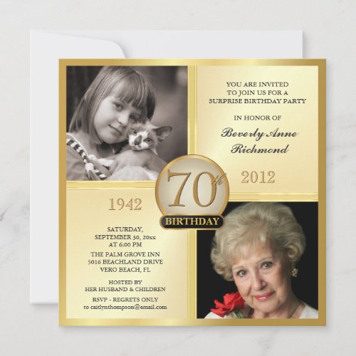 Gold 70th Birthday Invitations Then  Now 2 Photos