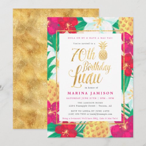 Gold 70th Birthday Luau Party Invitations