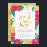 Gold 70th Birthday Luau Party Invitations<br><div class="desc">Tropical gold 70th birthday luau invitations with fun,  pretty tropical flowers and pineapples,  with gold accents. Perfect for a luau themed fiftieth birthday bash!</div>