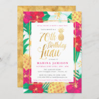 Gold 70th Birthday Luau Party Invitations