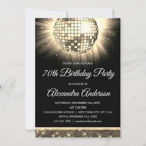 Gold 70th Birthday Party 70s Disco Ball Invitation