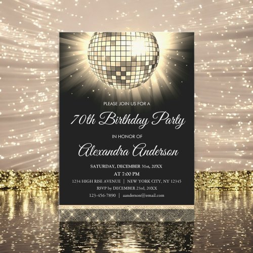 Gold 70th Birthday Party 70s Disco Ball Invitation