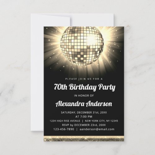 Gold 70th Birthday Party 70s Disco Ball Invitation