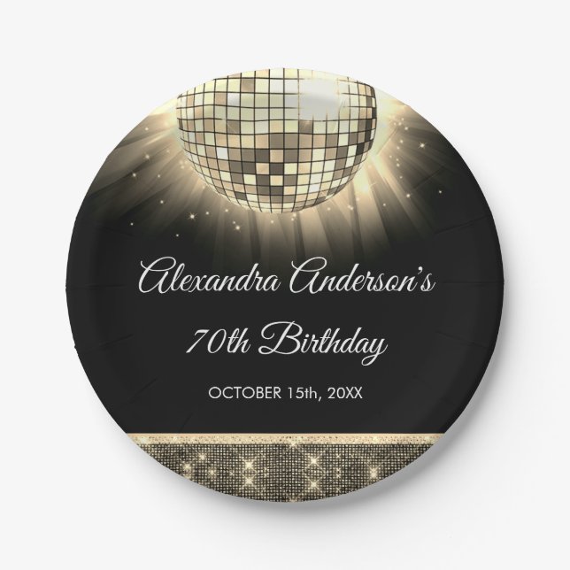 Gold 70th Birthday Party 70's Disco Ball Paper Plates (Front)