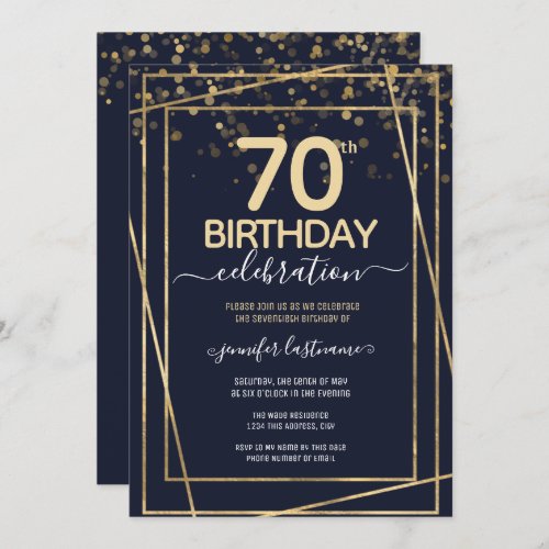 Gold 70th Birthday Party Blue Gold Invitation