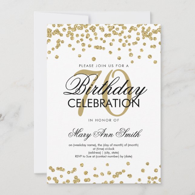 Gold 70th Birthday Party Glitter Confetti Invitation (Front)