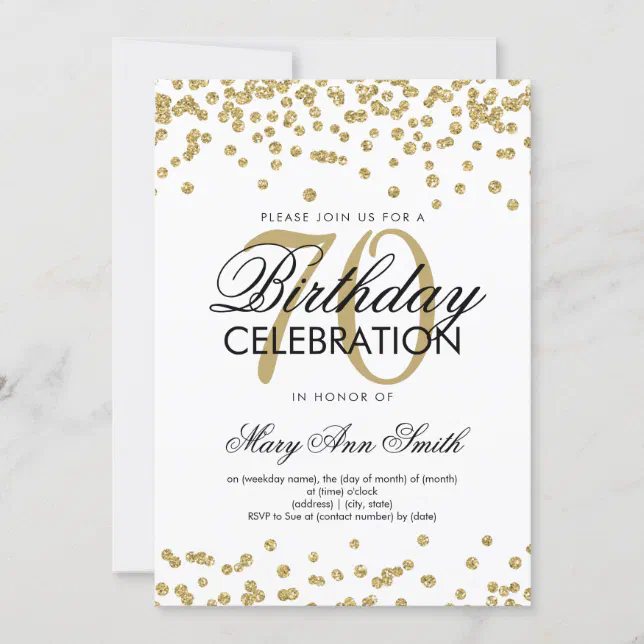 Gold 70th Birthday Party Glitter Confetti Invitation | Zazzle