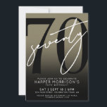 Gold 70th Birthday Party Invitation<br><div class="desc">Celebrate seventy years in style with this modern faux gold to black gradient 70th birthday party invitation. The design features a large black “70” across most of the card with a white handwritten script “Seventy” layered over it for a bold, contemporary touch. The gradient background brings a sleek, upscale feel...</div>