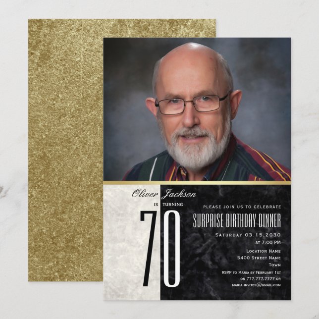 Gold 70th Birthday Photo Invitation for Men (Front/Back)