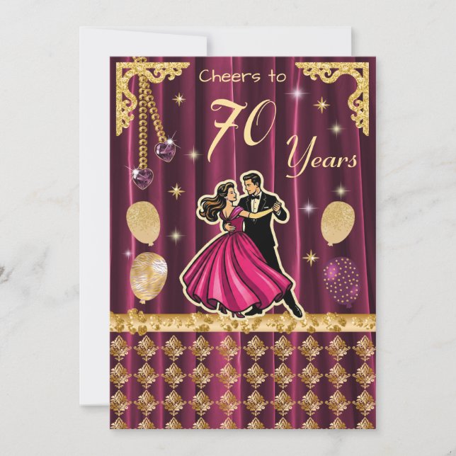 Gold 70th Birthday with Dancing Couples Invitation (Front)