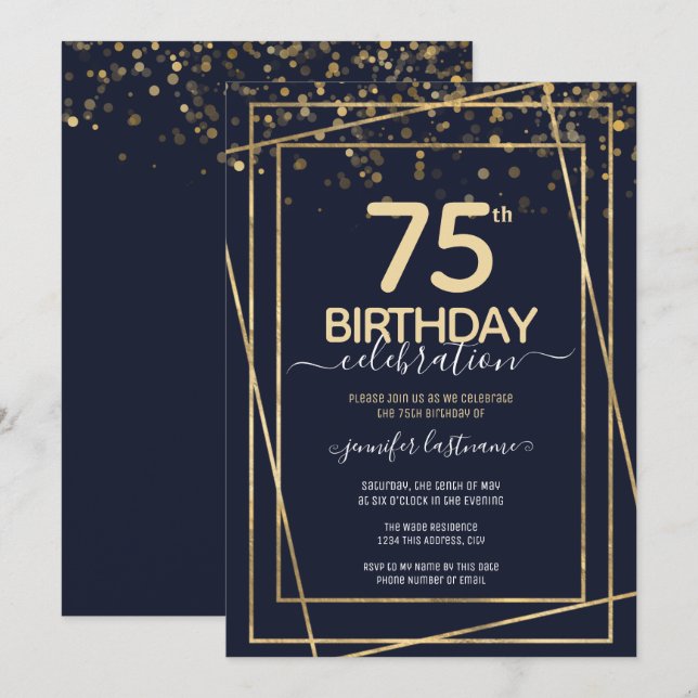 Gold 75th Birthday Party Budget Invitation (Front/Back)