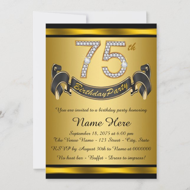 Gold 75th Birthday Party Invitation (Front)