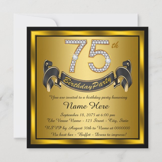 Gold 75th Birthday Party Invitation (Front)
