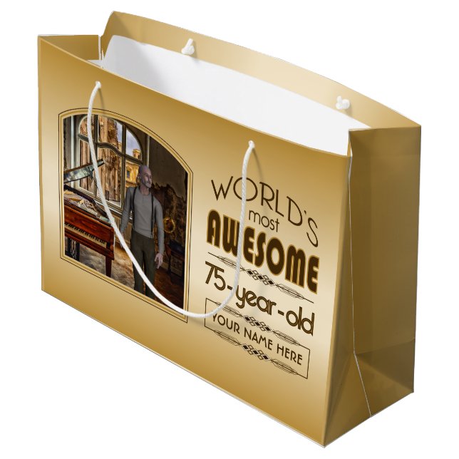 Gold 75th Birthday World’s Best Custom Photo Frame Large Gift Bag (Back Angled)