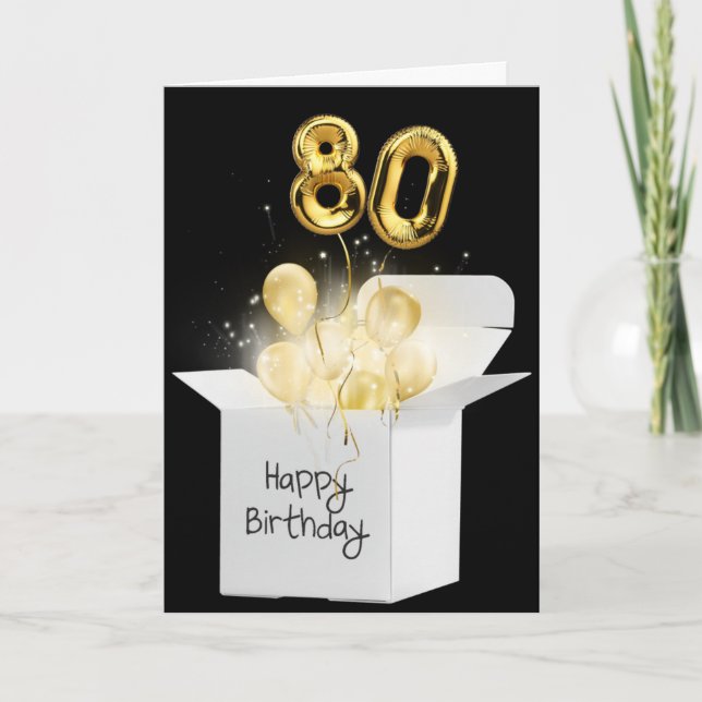 Gold 80th Birthday Balloons In White Box  Card (Front)