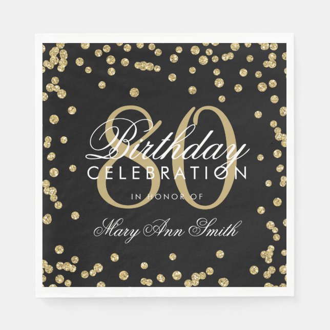 Gold 80th Birthday Glitter Confetti Black Napkins (Front)