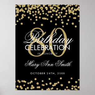 Gold 80th Birthday Glitter Confetti Black Poster