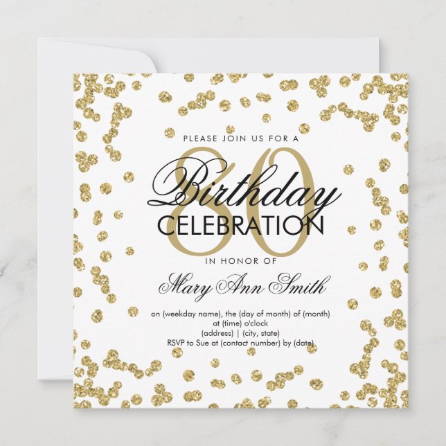 Gold 80th Birthday Glitter Confetti Invitation (Front)