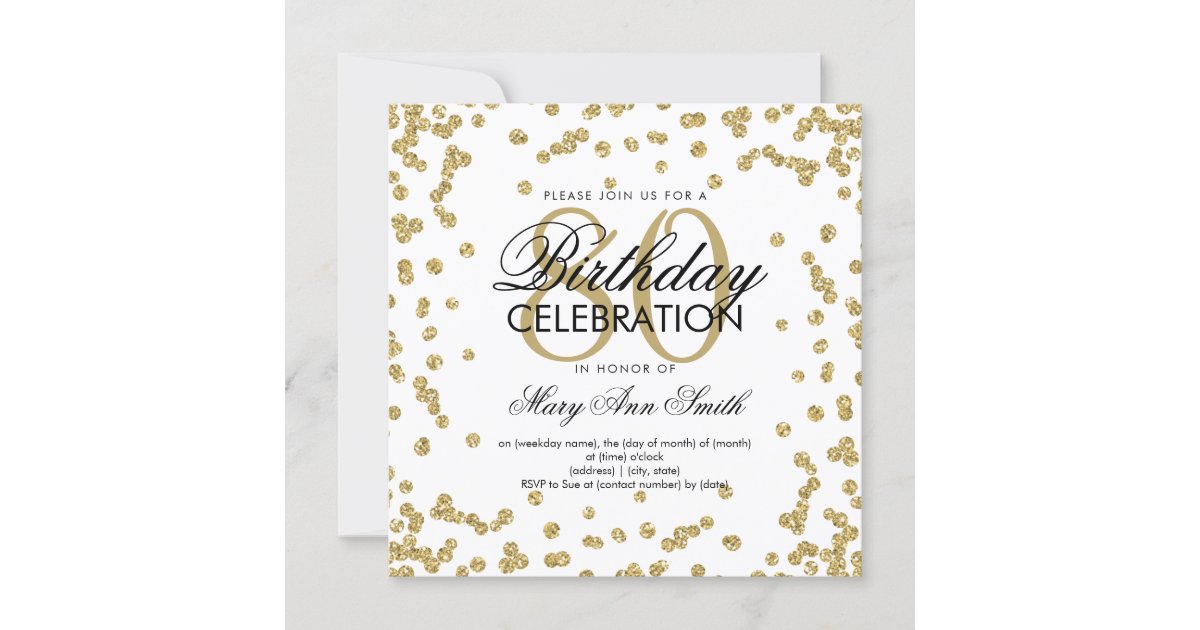 Gold 80th Birthday Glitter Confetti Invitation | Zazzle