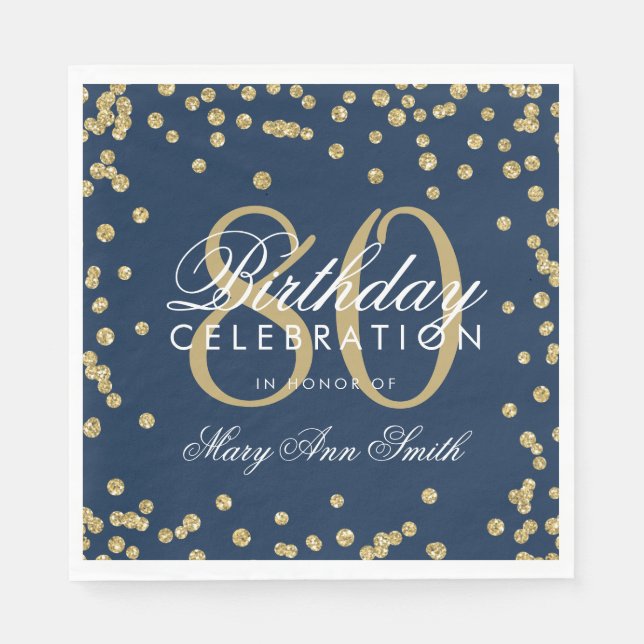 Gold 80th Birthday Glitter Confetti Navy Blue Napkins (Front)