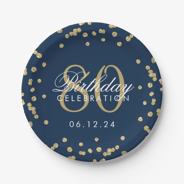 Gold 80th Birthday Glitter Confetti Navy Blue Paper Plates (Front)