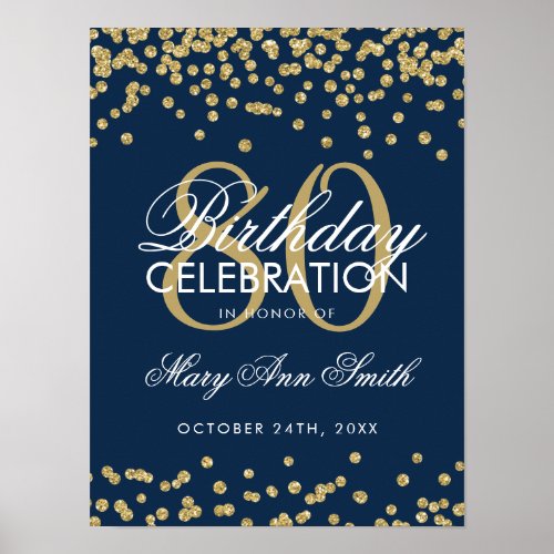 Gold 80th Birthday Glitter Confetti Navy Blue Poster