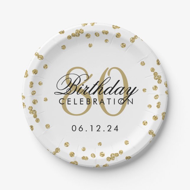 Gold 80th Birthday Glitter Confetti Paper Plates (Front)