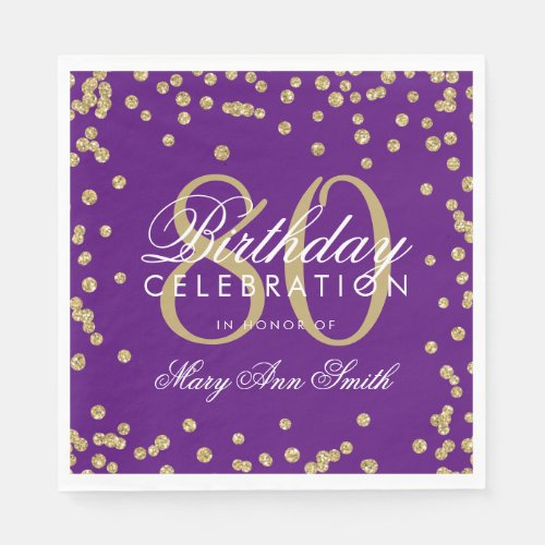 Gold 80th Birthday Glitter Confetti Purple Napkins