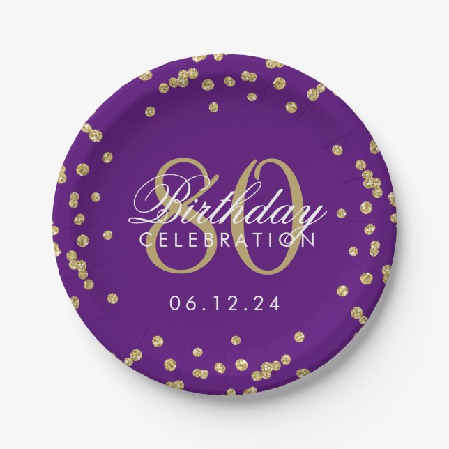 Gold 80th Birthday Glitter Confetti Purple Paper Plates (Front)