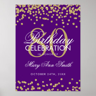 Gold 80th Birthday Glitter Confetti Purple Poster