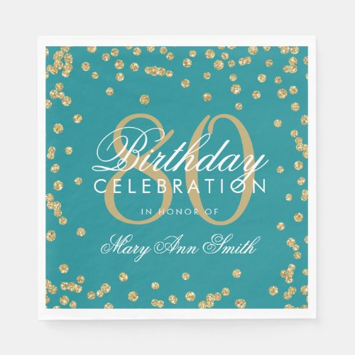 Gold 80th Birthday Glitter Confetti Teal Napkins