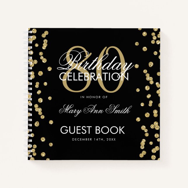 Gold 80th Birthday Guestbook Confetti Black Notebook (Front)