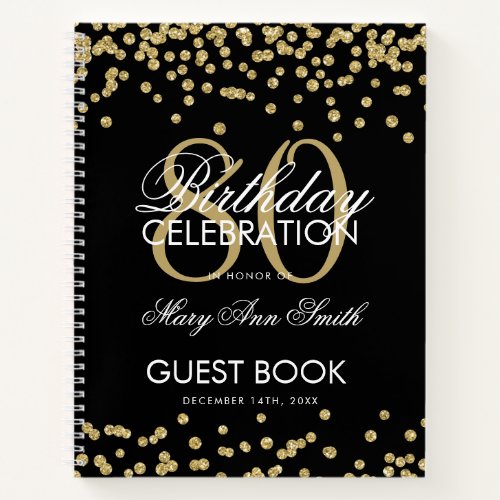 Gold 80th Birthday Guestbook Confetti Black Notebook