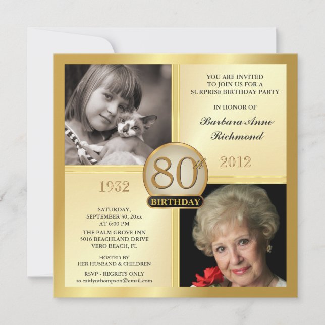 Gold 80th Birthday Invitations Then & Now 2 Photos (Front)