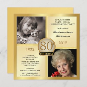 Gold 80th Birthday Invitations Then & Now 2 Photos | Zazzle