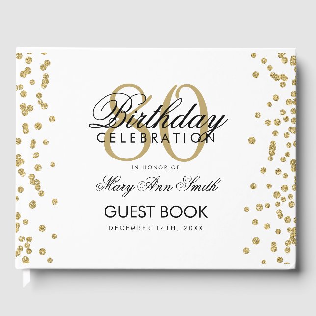 Gold 80th Birthday Party Glitter Confetti Guest Book (Front)