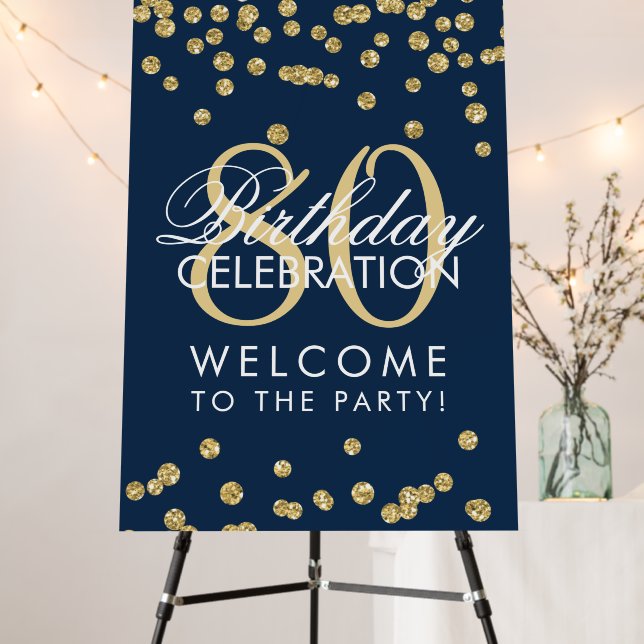 Gold 80th Birthday Party Glitter Confetti Navy  Foam Board (In Situ (Stand))