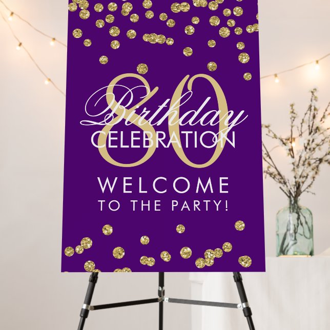 Gold 80th Birthday Party Glitter Confetti Purple  Foam Board (In Situ (Stand))