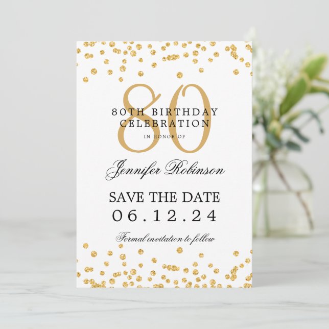 Gold 80th Birthday Party Save the Date Details Invitation (Standing Front)