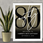 Gold 80th Birthday Party Welcome Sign<br><div class="desc">Modern Black and White 80th Birthday Welcome Sign. Celebrate eighty years in style with this bold and contemporary sign featuring a large black “80” with a handwritten script-style white “Eighty” at the top for a sleek, minimalist look. At the bottom, the sign reads “Welcome To [Name]’s 80th Birthday” along with...</div>
