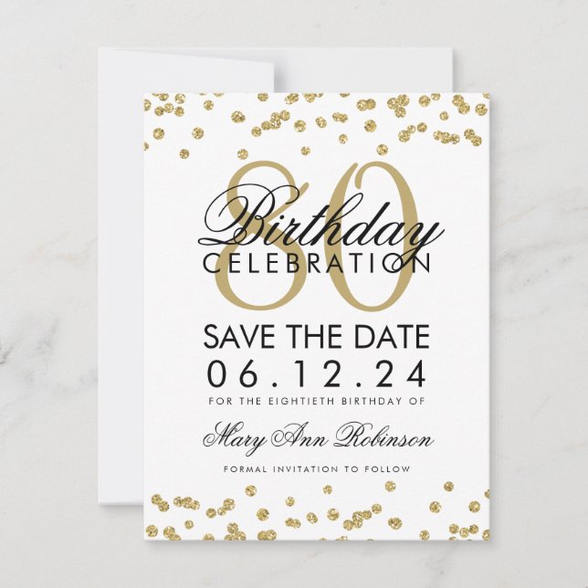 Gold 80th Birthday Save Date Confetti Save The Date (Front)