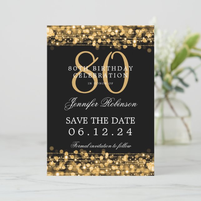 Gold 80th Birthday Save the Date  Invitation (Standing Front)