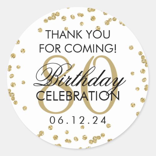 Gold 80th Birthday Thank You Glitter Classic Round Sticker