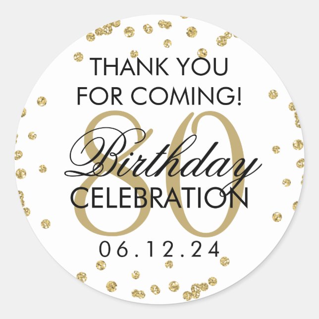 Gold 80th Birthday Thank You Glitter Classic Round Sticker (Front)