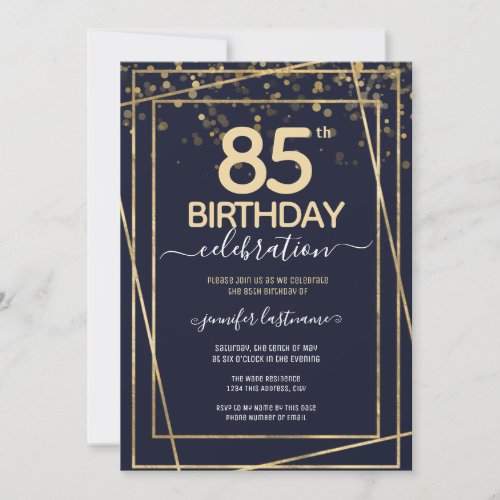Gold 85th Birthday Party Blue Gold Invitation