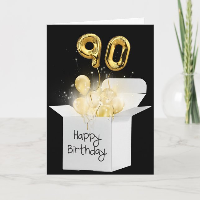 Gold 90th Birthday Balloons In White Box  Card (Front)