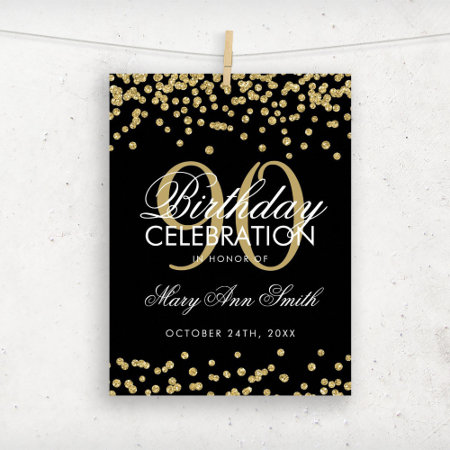 Gold 90th Birthday Glitter Confetti Black Poster