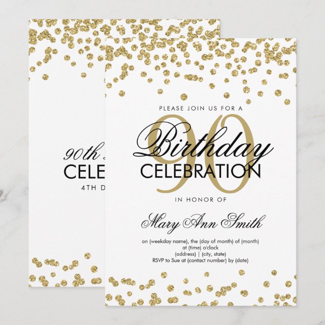 Gold 90th Birthday Glitter Confetti Invitation (Front/Back)