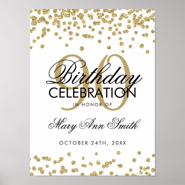 Gold 90th Birthday Glitter Confetti Poster (Front)